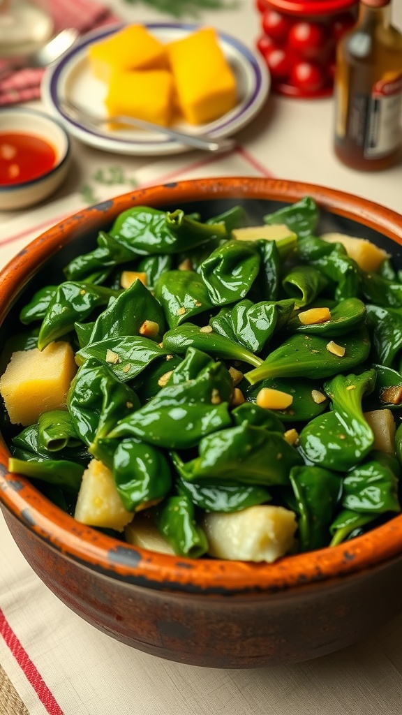 Southern Style Collard Greens and Cabbage for New Year A rustic bowl of collard greens and cabbage on a festive table, garnished with bits of smoked meat.